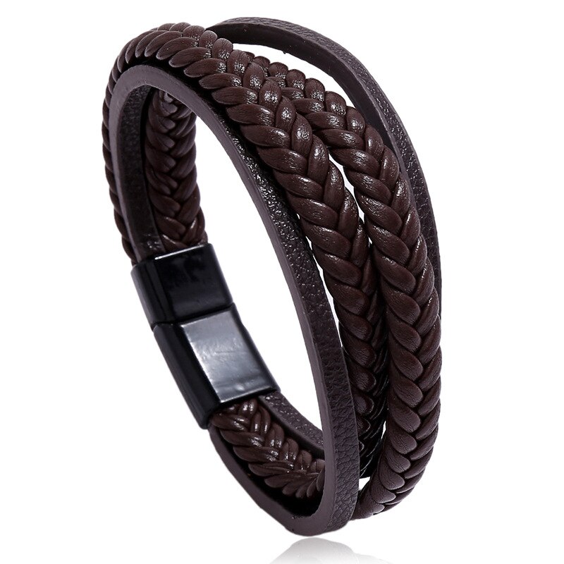 Bracelets multicouches en cuir tissé à la main pour hommes et femmes, bijoux tissés à la main, marron, noir, avec fermoir magnétique, décontracté,: Style 3