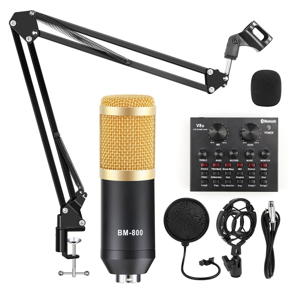 Bm 800 Studio Microfoon Kits Met Filter V8 Geluidskaart Condensator Microfoon Bundel Opnemen Ktv Karaoke Smartphone Microfoon
