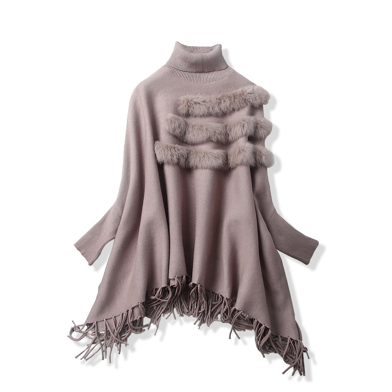 Løs frynset kappe strikkede kvaster kappe poncho sjal batwing ærmer strikket turtleneck jakke pashmina
