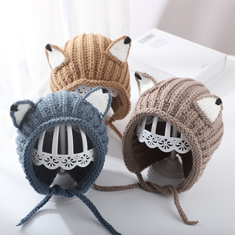 Cartoon Oren Baby Hoed Cap Winter Warm Gebreide Baby Jongens Meisjes Hoed Met Vetersluiting Kids Hoed Motorkap Kinderen Caps Beanie