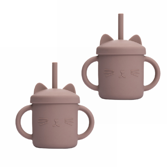 2PCS Baby Feeding Cups Silicone Drinkware Cute Cartoon Cat Sippy Cup For Toddlers Kids Sippy Cup Lids Solid With Handle Drinker: 2PcsBrown