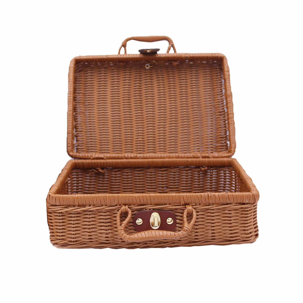 Paniers en rotin PP rétro, panier de rangement pour pique-nique, valise WUNICEF avec boîte à la main, boîte de rangement cosmétique tissée, rangement d'organisation: XXL / Black