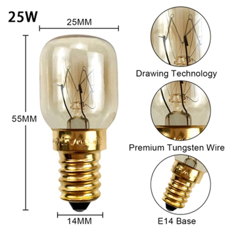 Bombilla para horno microondas, resistente a altas temperaturas, 220V, E14, 300 grados, 15/25W, 2 uds.