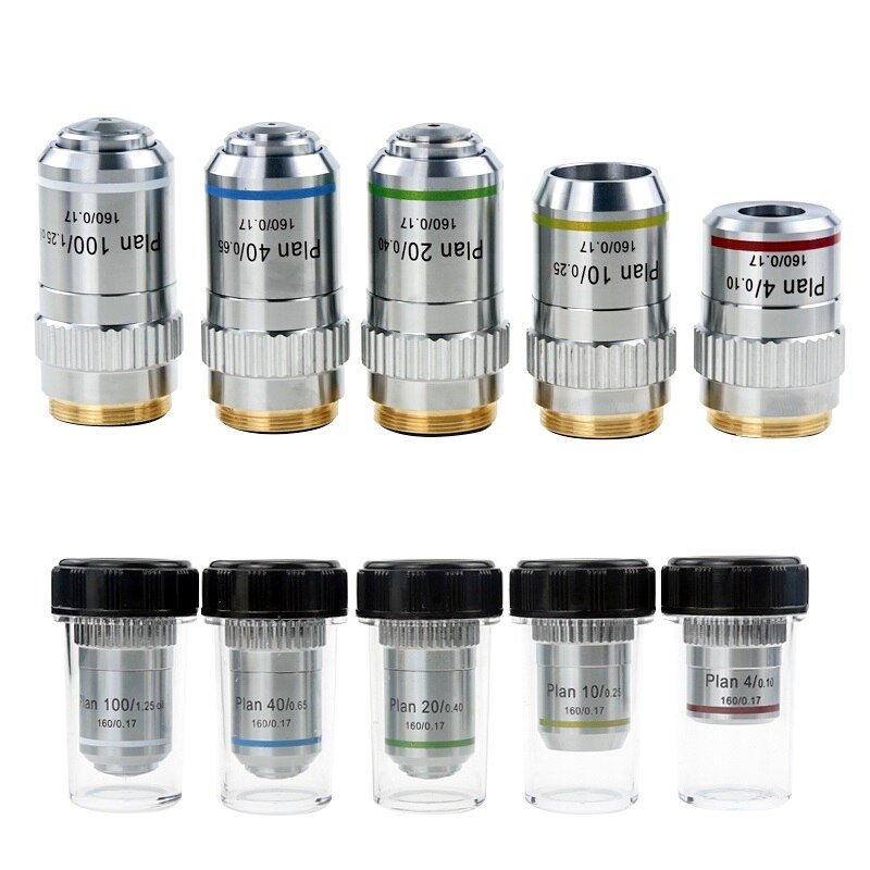 195 Plan Achromatic Objective 4X 10X 20X 40X 100X Biological Microscope Objective Lens Standard RMS Interface Optical Lens
