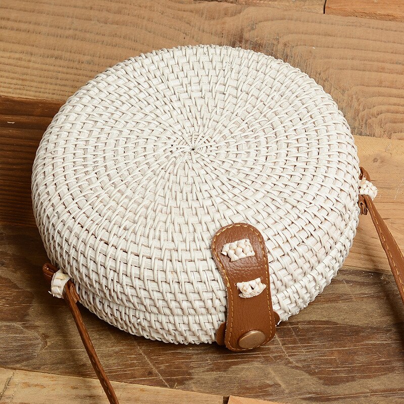 Bali sac tressé fait main sac bandoulière simple sac rond carré bohême sac de plage: white round bag