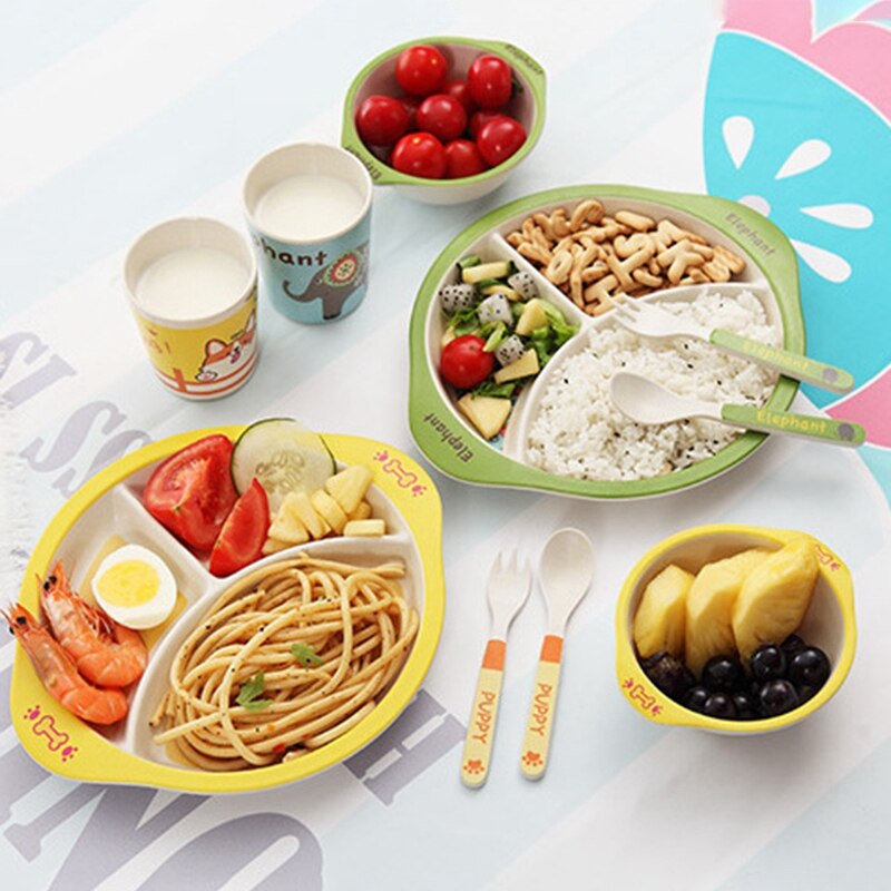 Bamboo Fiber Baby Cartoon Eating Tableware Kids Dinner Plate Toddler Feeding Dishes Children Training Bowl Spoon Fork 5Pcs/Set E