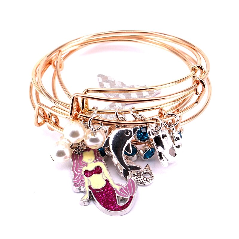 5pcs Bangle Set Wire Bracelets for Women Girls Jewllery Imitation Pearls Mermaid Birthstone Charms Bangles Cuff Jewlery C043: Light Yellow Gold Color