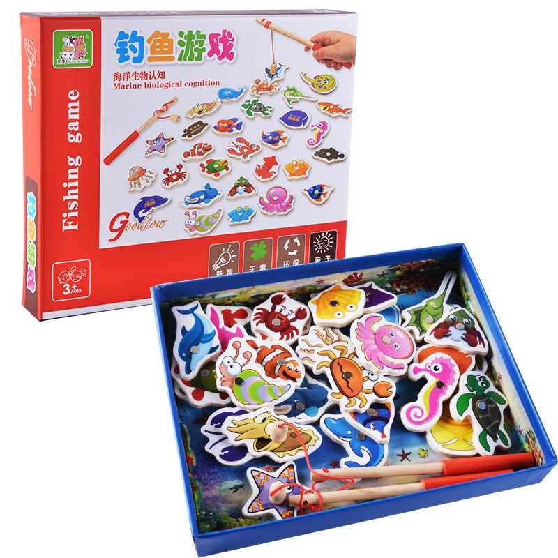 Baby Educational Toys 32Pcs Fish Wooden Magnetic Fishing Toy Set Fish Game Educational Fishing Toy Child Birthday/Christmas