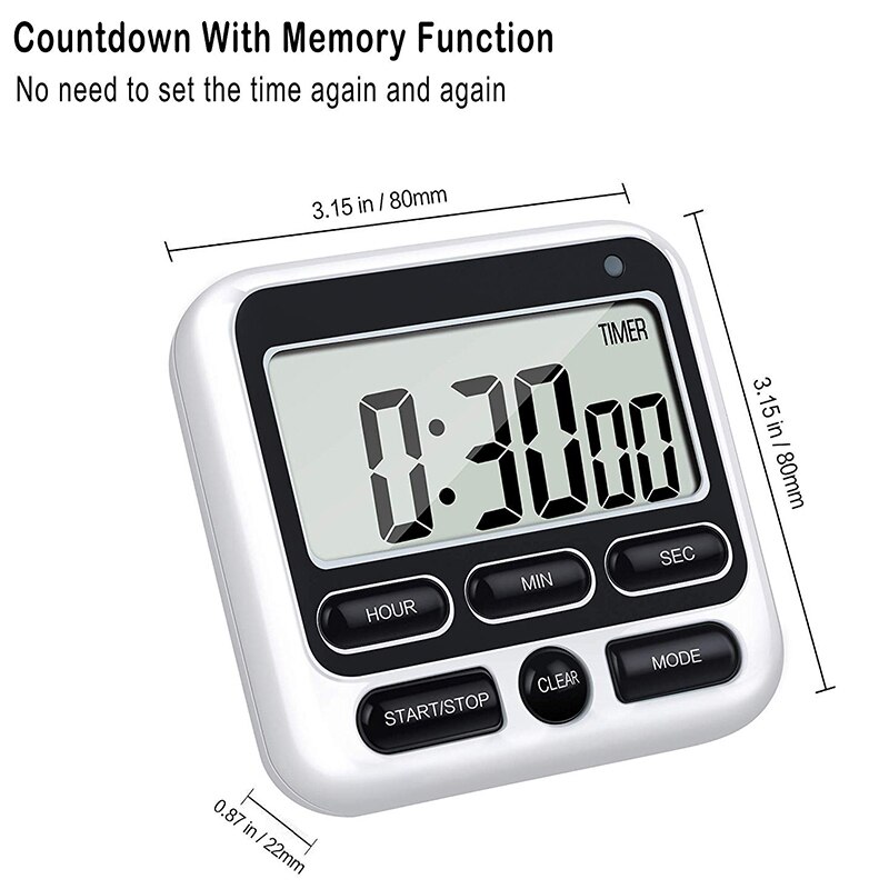 Digital Kitchen Timer with Mute/Loud Alarm Switch ON/OFF Switch, 12 Hour Clock &amp; Alarm, Memory Function Count Up &amp; Count Dow