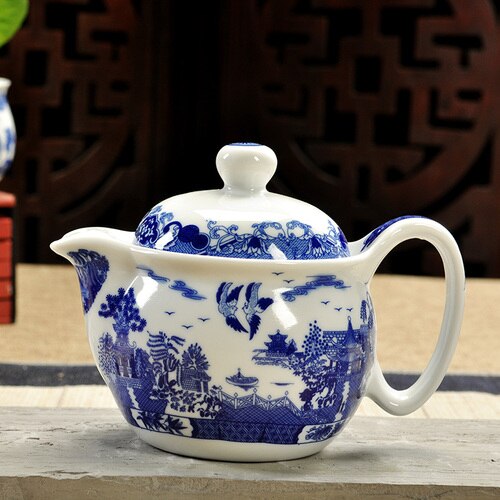 Keramisk tekanna kung fu te jingdezhen landskap blått och vitt benporslin kontor tekanna hem  mj82204: B