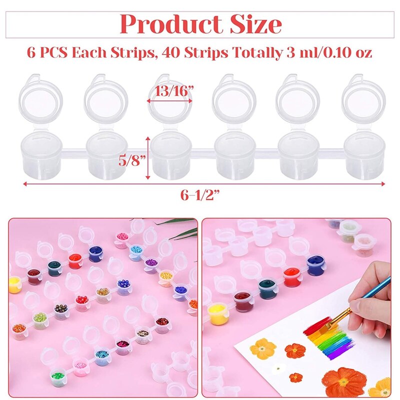 Bote de pintura vacío de 240 piezas, 40 tiras de acrílico, Mini contenedor de pintura, tiras de almacenamiento con tapas para pintura artística y artesanal, 3Ml