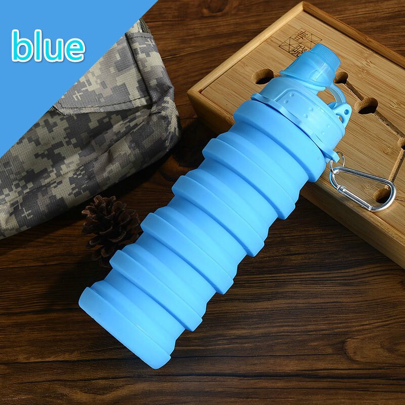 500ml 5 farver silikone, der kan trækkes tilbage, sammenklappeligt vandkop camouflage sportkedel bærbar vandflaske udendørs kedel: Blå