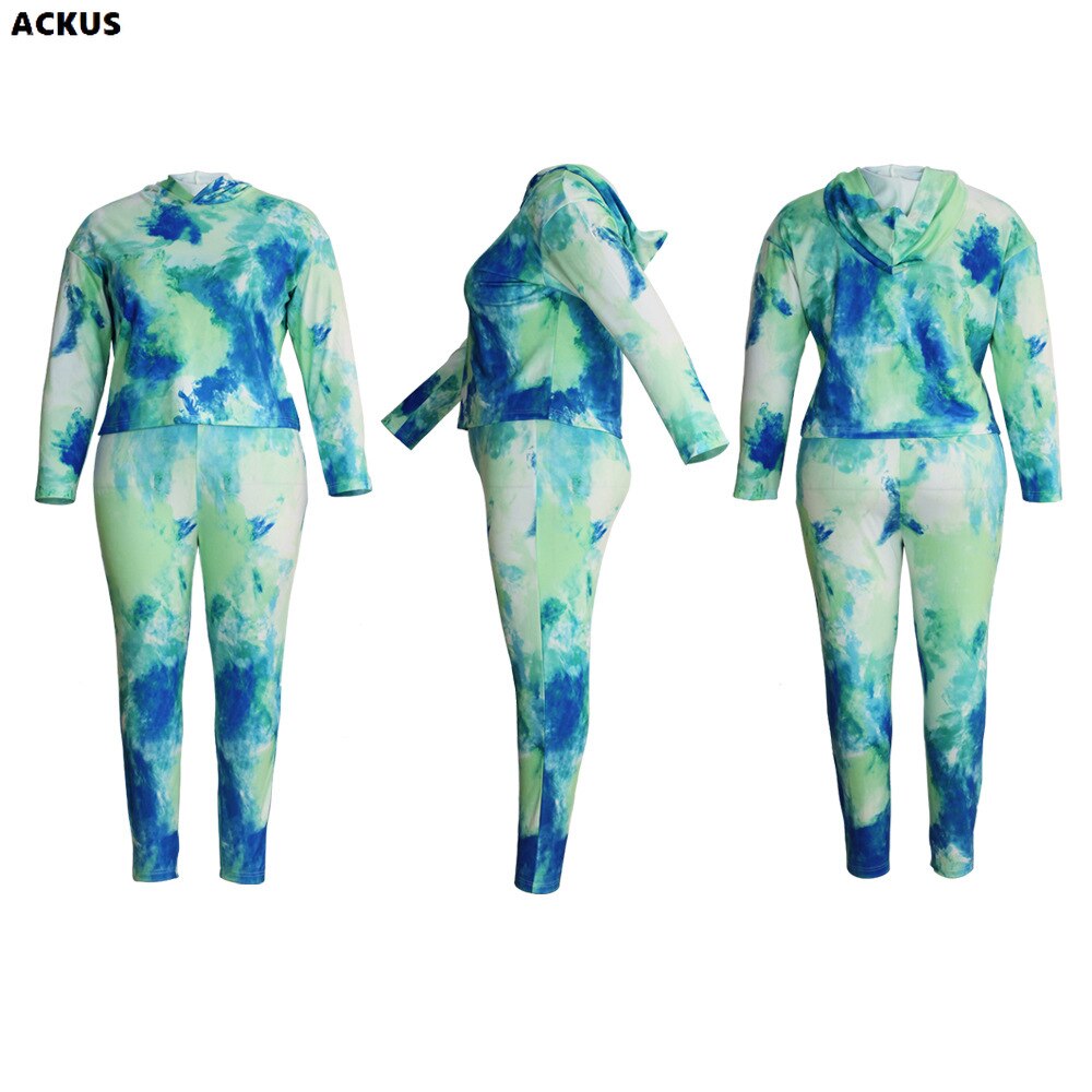 ACKUS Women Plus Size Set Tie Dye Loose Hoodies Tops Track Pants Two 2 Piece Sets Active Maxi Tracksuit Casual Outfits Autumn