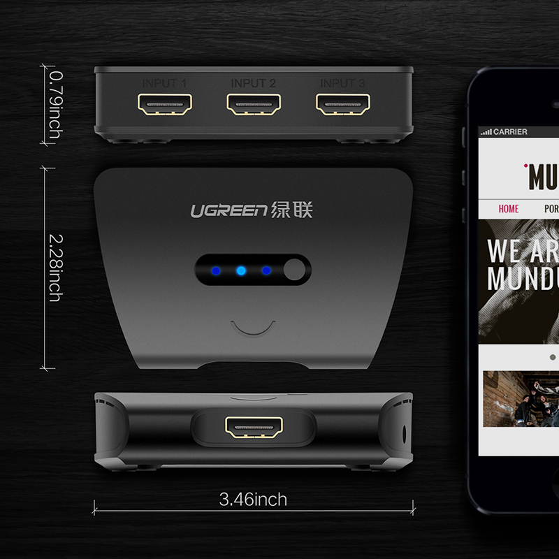 Ugreen 3 port hdmi switch 1080p switcher hdmi splitter hdmi port til xbox 360 ps3 ps4 android hub 3 input  to 1 out hdmi adapter