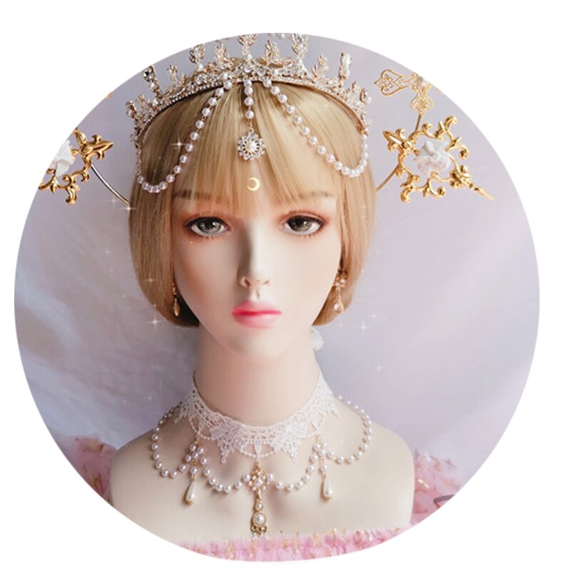 Gothique Lolita KC gothique or Halo ailes d'ange soleil marraine vierge marie déesse casque perle chaîne mariée cheveux accessoires: Necklace