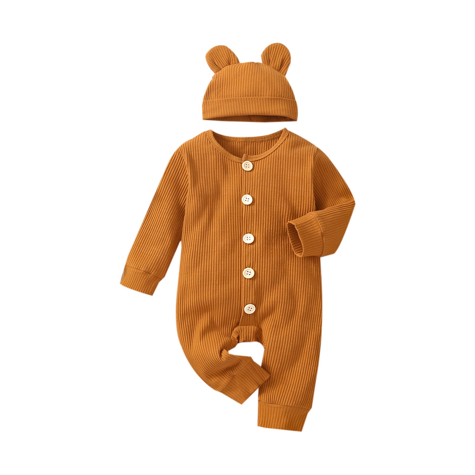 Infantil bebê meninas meninos macacão com chapéu, crianças cor sólida o-pescoço manga longa macacão + boné para outono de primavera, 0-24 meses: Brown / 6 m