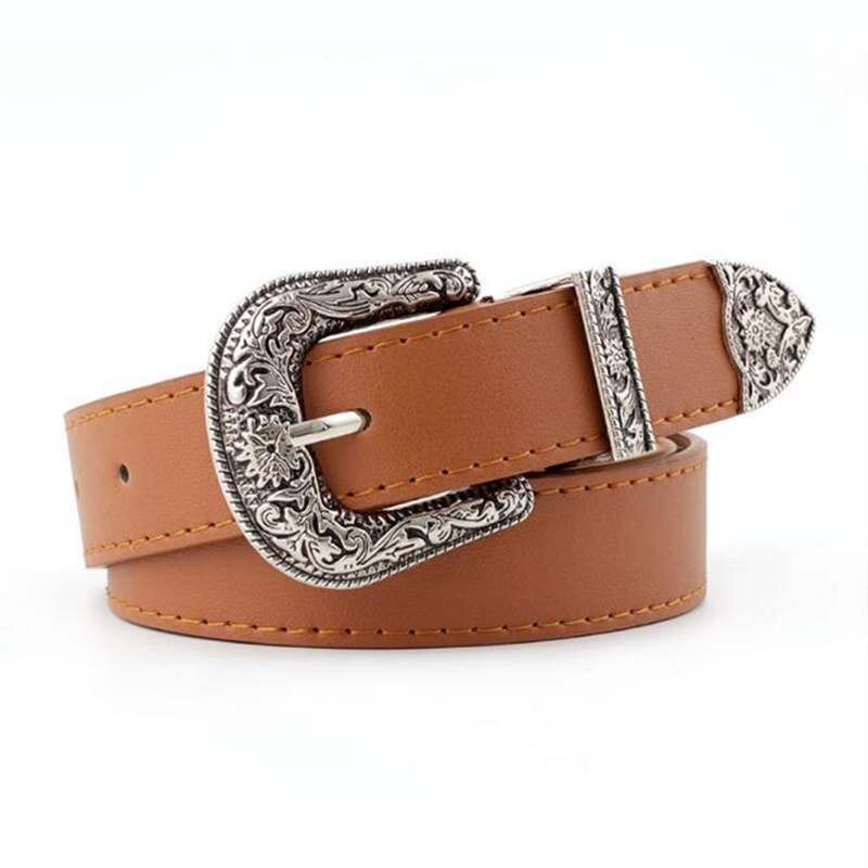 Svart lær kvinner belter vintage western cowgirl kvinnelig belte metall spenne midje belte brun hvit carve damer jeans bukser belter