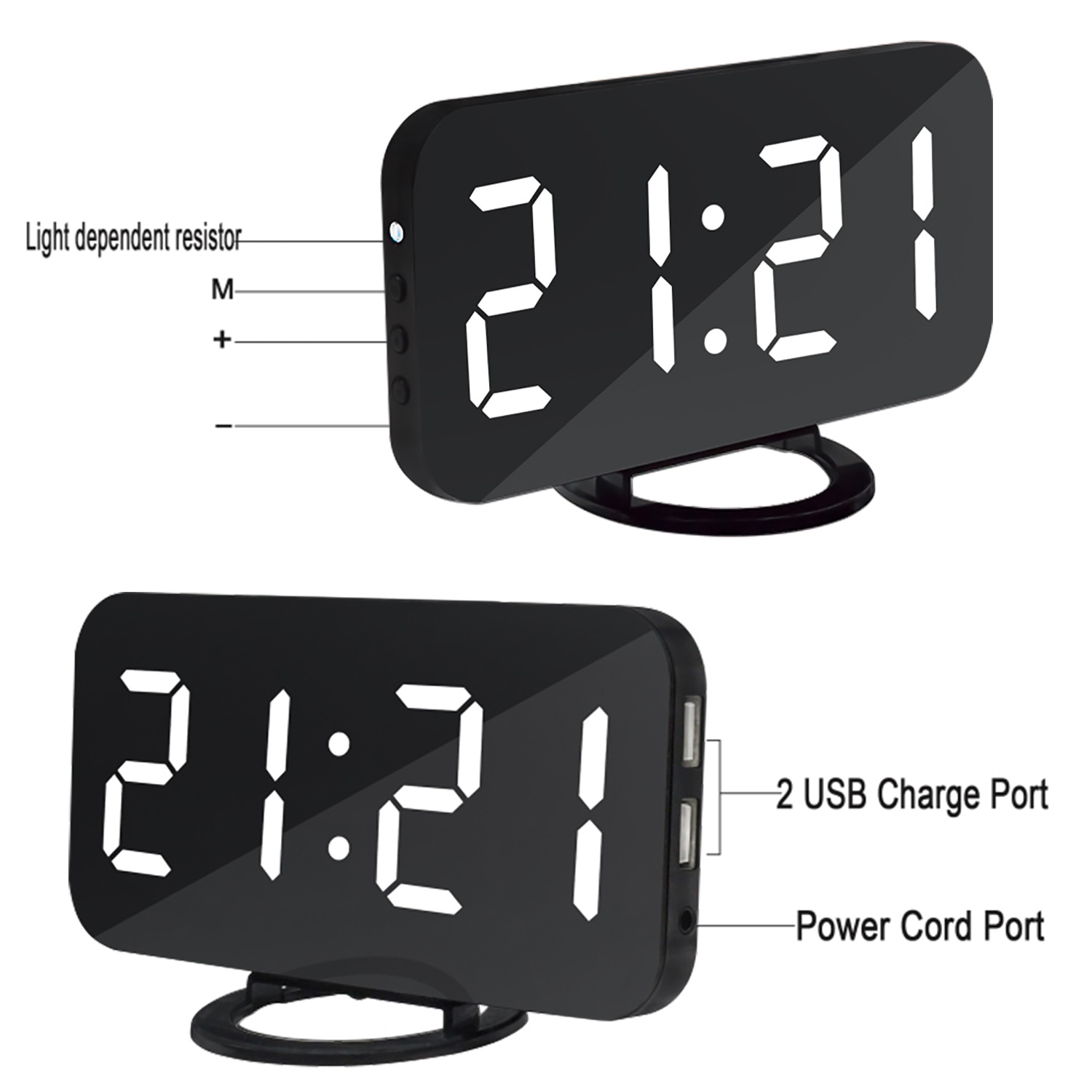 Ipad Phone Charging USB Alarm Clock Digital Clock with Large Easy-Read LED Display Diming Mode Snooze Function Mirror Surface