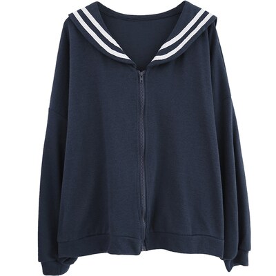Japanese Preppy Style Autumn Women Jacket Mori Girl Kawaii Cotton Sailor collar Loose Long Sleeve Casual Coat Female Outerwear: Navy Blue