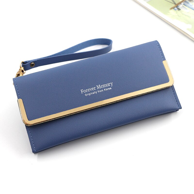 Wristlet Women's Long Wallet Letter Clutch Purse Ladies Multifunctional Leather Card Holder Metal Daily Use Coin Purse: Blue