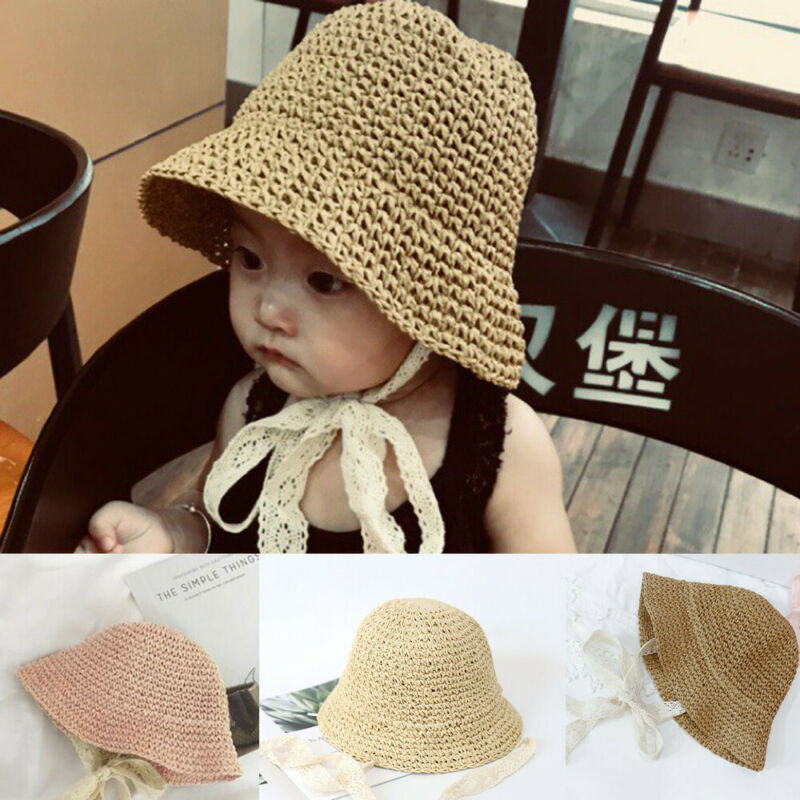 Barn spädbarn baby flicka solhatt prinsessa spets halm solhatt hink hatt sommar strand avslappnad fashon fest hatt