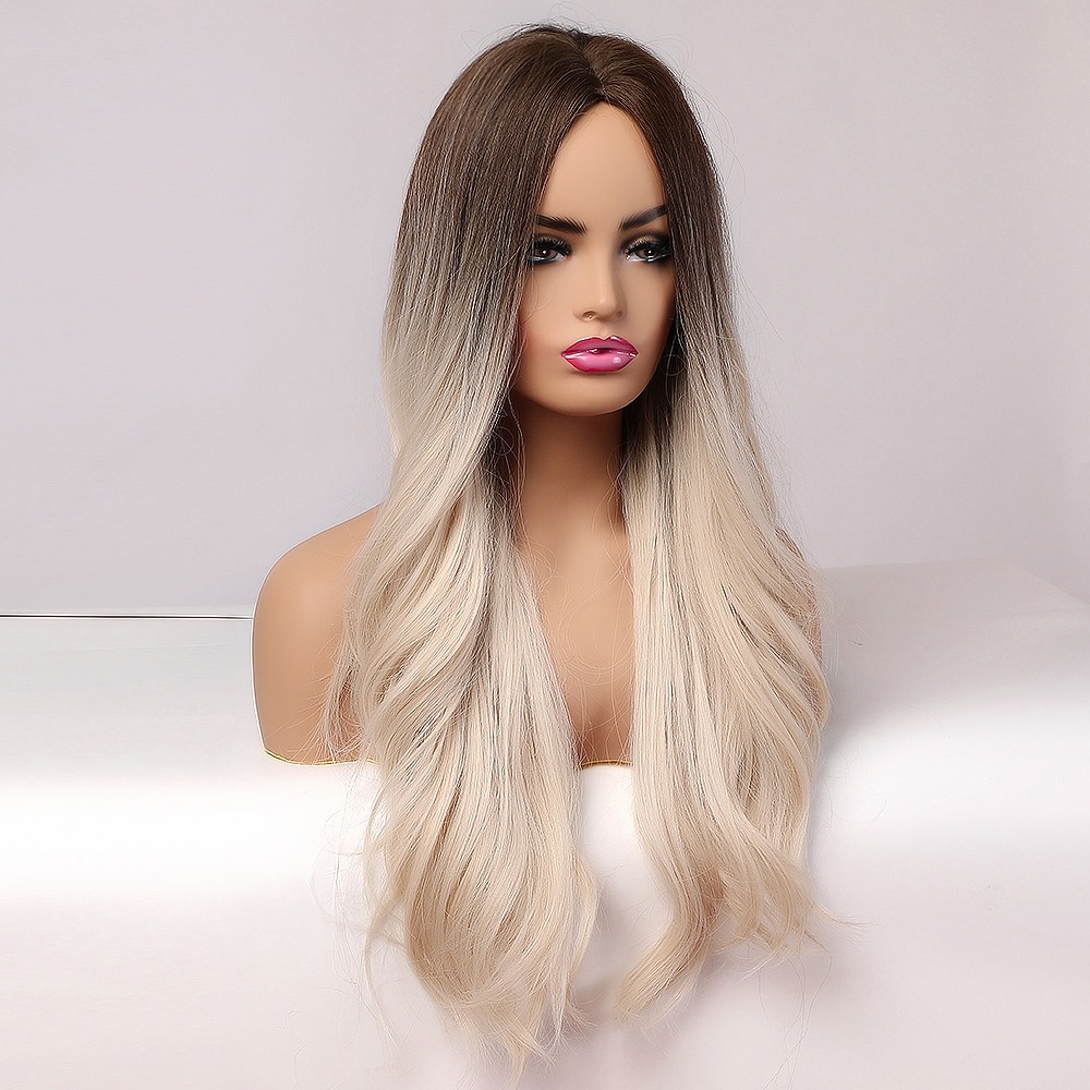 Alan eaton ombre svart brun platina blond peruk mittdel syntetiskt hår långa vågiga peruker för svarta kvinnor cosplay värmebeständig