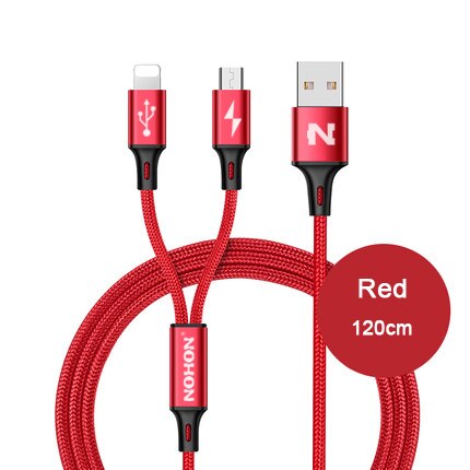 Nohon 2 In 1 Usb Kabel Micro 8Pin Usb Snel Opladen Kabels Voor Iphone 8X7 6 6S plus Ipad Ipod Samsung Nokia Nylon Draad: 2-in-1 120cm Red