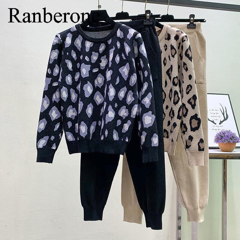 Ranberone leoparden-trainingsanzug für damen, herbst/Winter, Sweatshirt und Schlauch, Joggen-Outfit , 2- teiliges einstellen