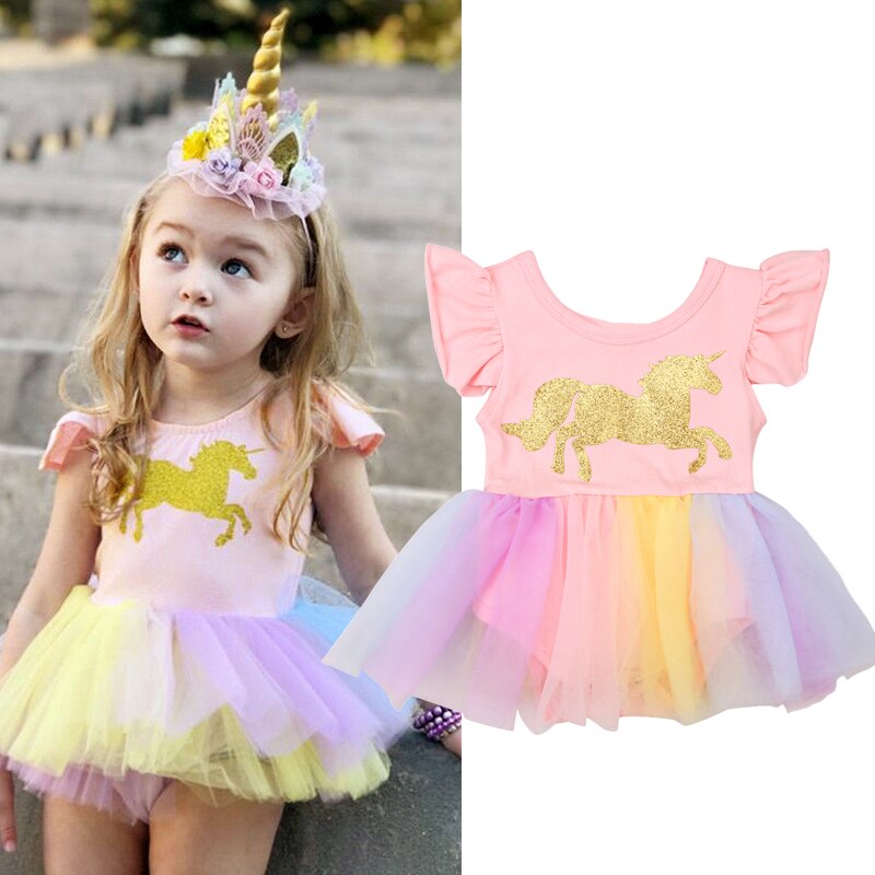 Toddler Girls Unicorn Dress Baby Girls Rainbow Colors Tulle Dress with Unicorn Lovely Kids Sundress for Unicorn Party