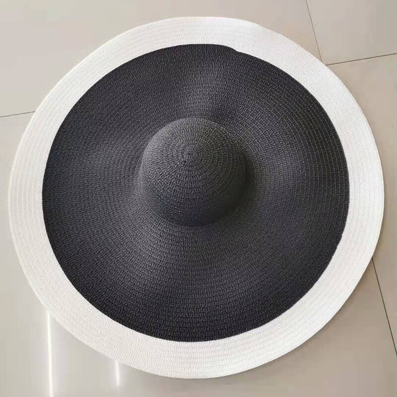 Summer Oversize Beach Hats For Women 25CM Brim Large Straw Hat Sun Protection Party Travel Hat: black white