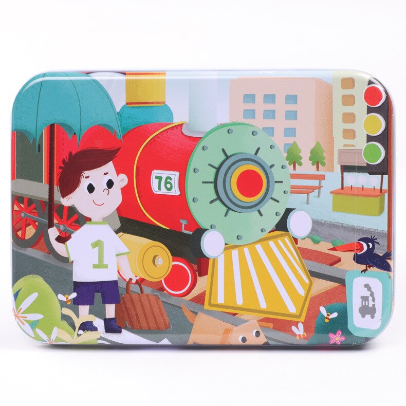 120 Stuks Houten Puzzel Cartoon Speelgoed 3D Hout Puzzel Met Ijzeren Doos Pakket Puzzel Kind Verbeteren Logisch Denkvermogen speelgoed