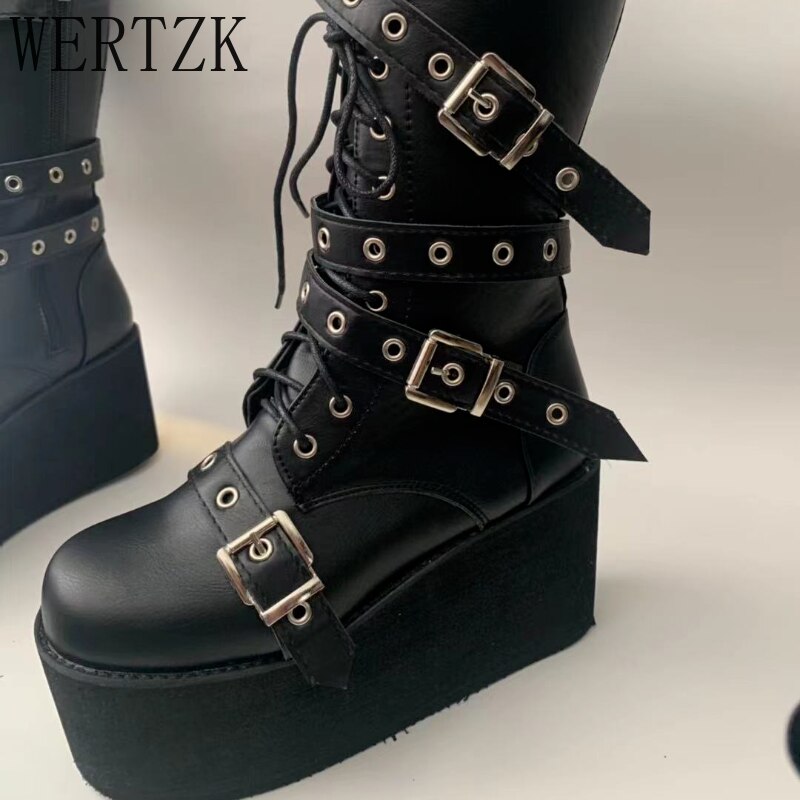 Botas de cuña con plataforma para mujer, zapatos femeninos de estilo gótico, Punk, con correa de hebilla, a la , con cordones, de de , para Otoño e Invierno