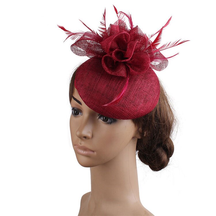 FS Ladies Hats Fascinator Feather Wedding Hat British Retro Top Hat Bridal Church Fedora Pillbox Hat Chapeau Femme: Wine Red