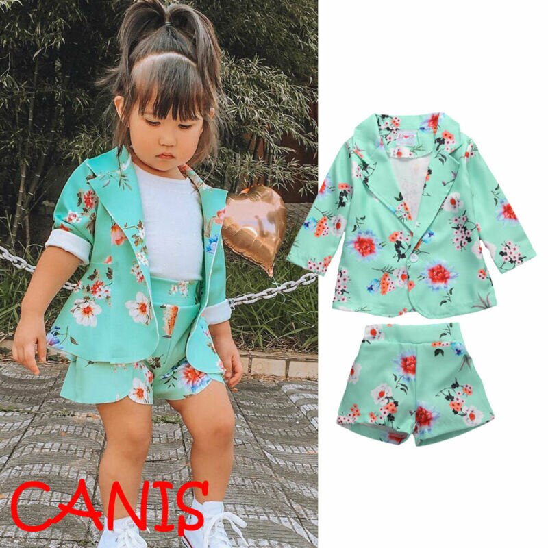 Children&#39;s Girls Floral Coat + Shorts Two-piece Suit Kids Suit Clothes Sets Girls Clothing 9M-5T