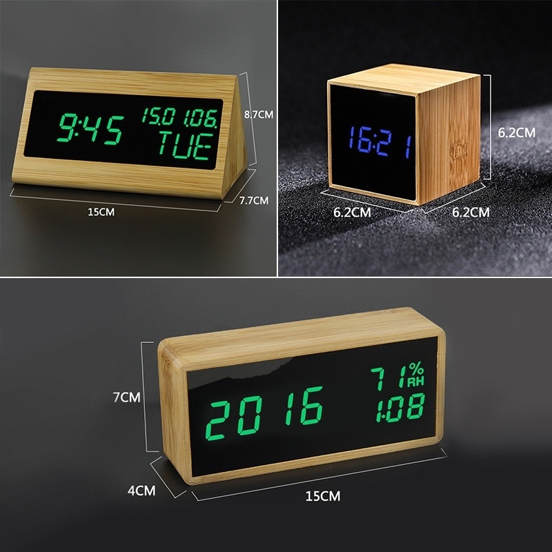100%  bambus digitalt vækkeur justerbar lysstyrke stemmestyring skrivebord stort display tid temperatur usb/batteridrevet