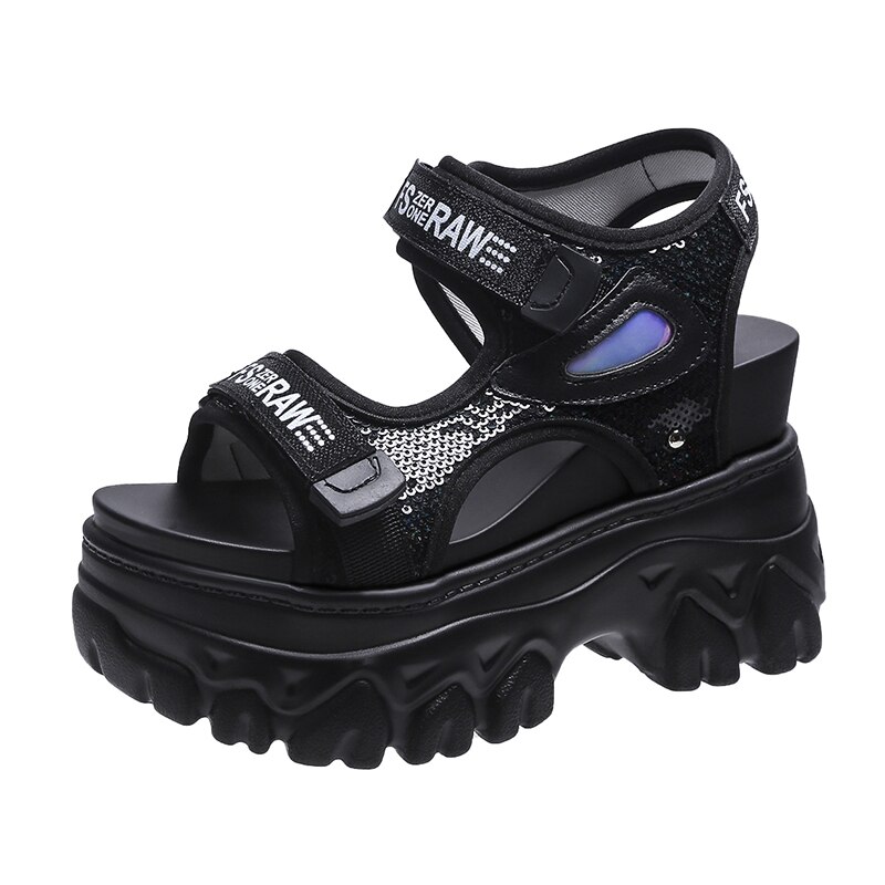 Sandalias deportivas de suela gruesa para mujer, zapatos de plataforma ligeros de suela suave con velcro, novedad de verano de: Negro / 34