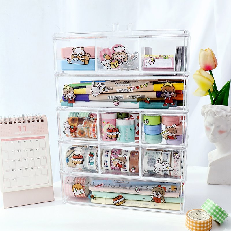 Transparent Desk Organizer Stationery Sundries Makeup Pencil Tape Stackable Plastic Storage Box School Office Stationery Holder