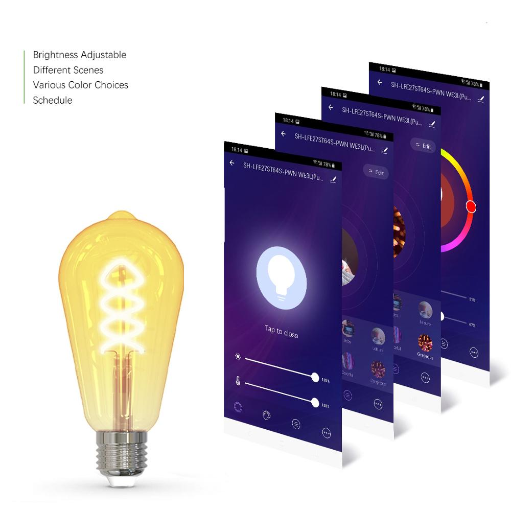 Tuya Smart Spiral Filament Bulb ST64 5.5W 1800K-6500K E27 Decorative Light Dimmable Lamp Work with Alexa Google Home