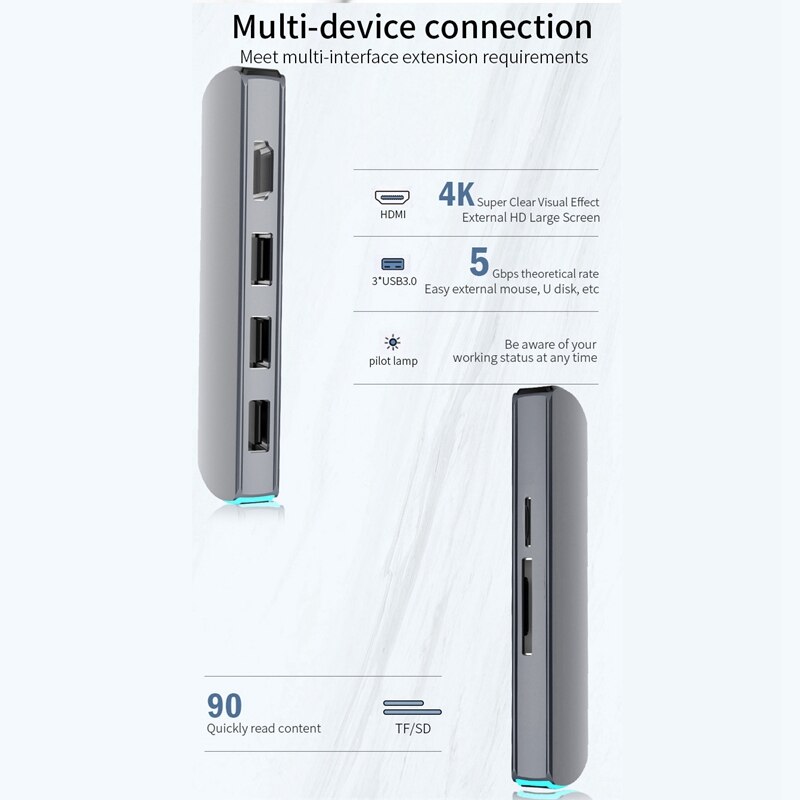 USB C Hub USB C HDMI Adattatore 6 In 1 Tipo C Hub con 4K USB C a HDMI, carta di DEVIAZIONE STANDARD TF Reader 3 Porte USB 3.0 con la Respirazione Luce per