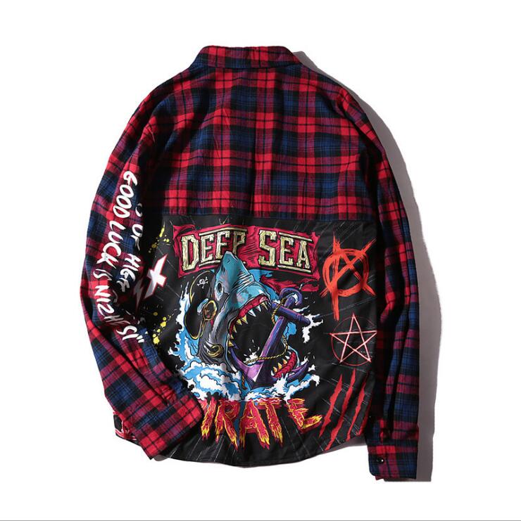 NAGRI Men Shirt casual Man Long Sleeve Hip-Hop printing Cardigan Tops Mens Plaid Casual Shirt Streetwear: Red / XL