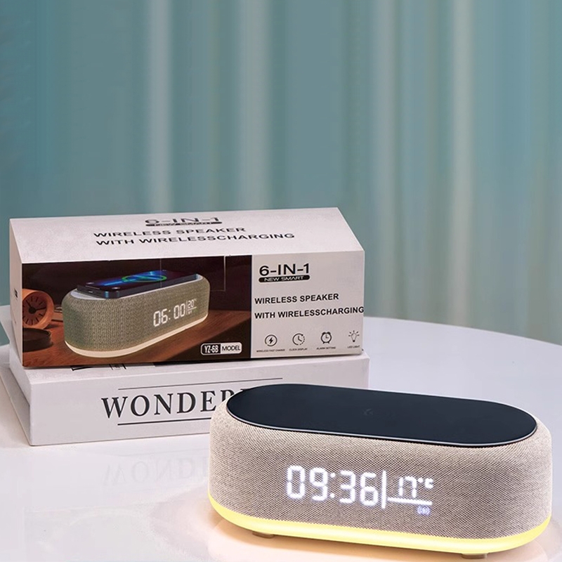 Multifunctionele 6-in-1 Bluetooth slimme luidsprekers met wekklok Kleurrijke RGB-sfeer Nachtlampje Draadloos opladen voor iPhone: zwart