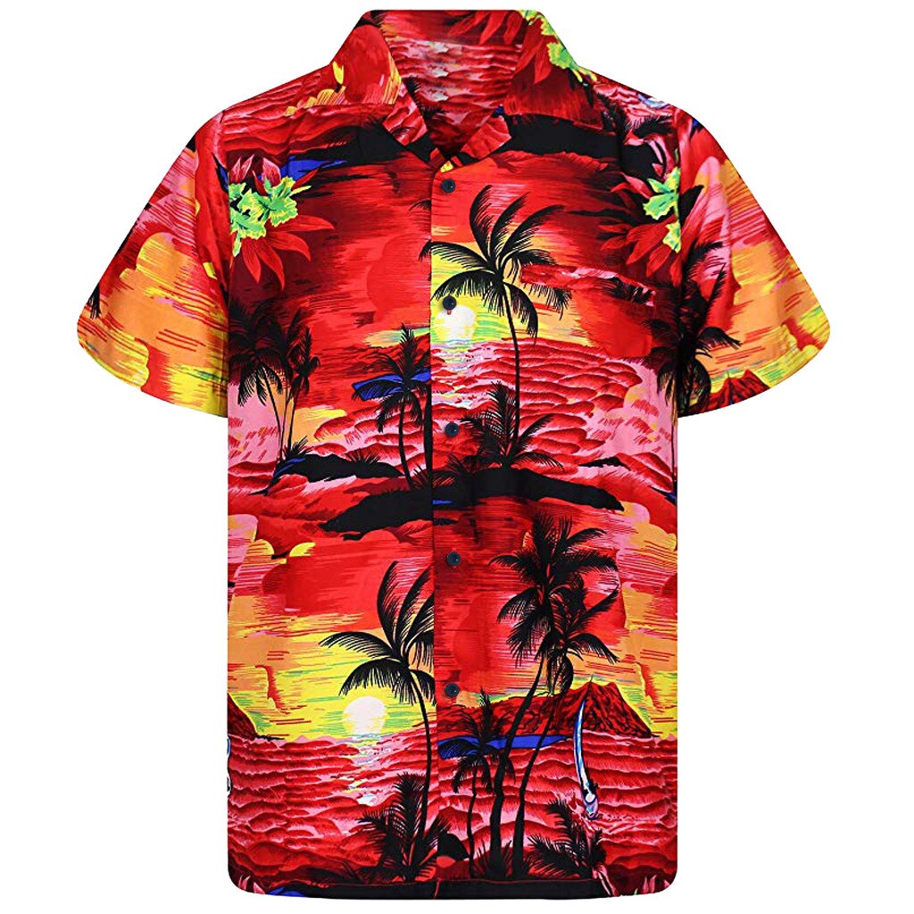 Mannen Shirt Zomer Mode mannen Casual Knop Hawaii Print Beach Korte Mouw Snel Droog Top Blouse Hawaiian Shirt Heren katoen: RD / XXXL