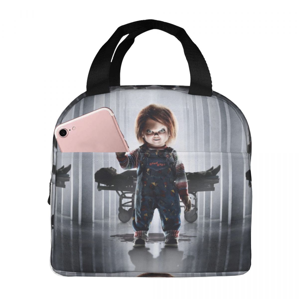 He Wants You For A Best Friend Chucky Lunch Bags Horror Portable Insulated Cooler Child's Play Thermal Picnic Work Lunch Box: GRAY