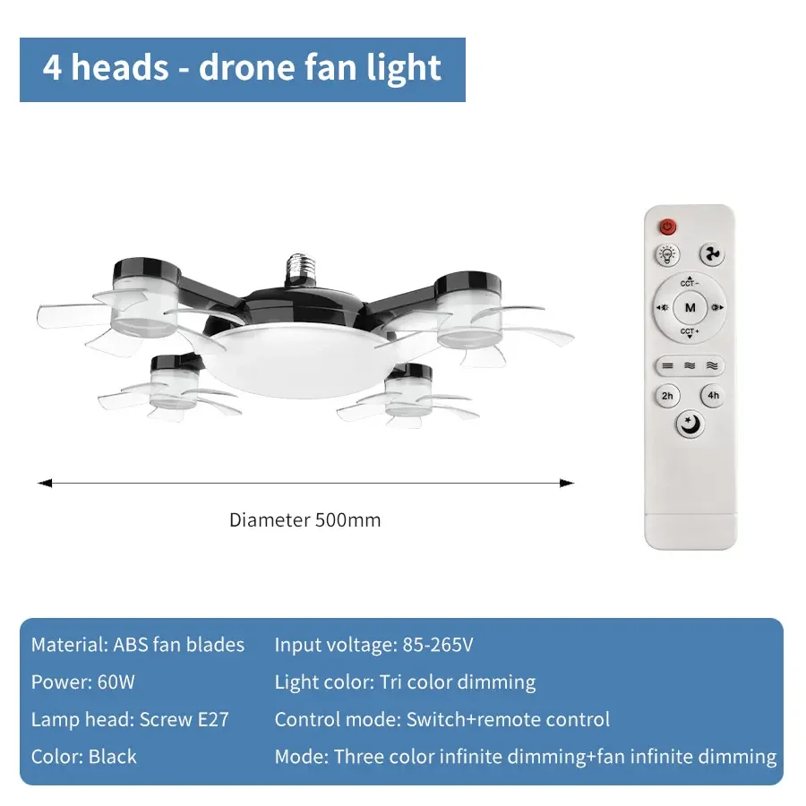 LED-Deckenventilatorleuchten E27 mit Fernbedienung, 3 Farbtemperaturen, dimmbar, verstellbarer Ventilatorwinkel, energiesparendes Ventilatorlicht für Höhle Sommer: Schwarz