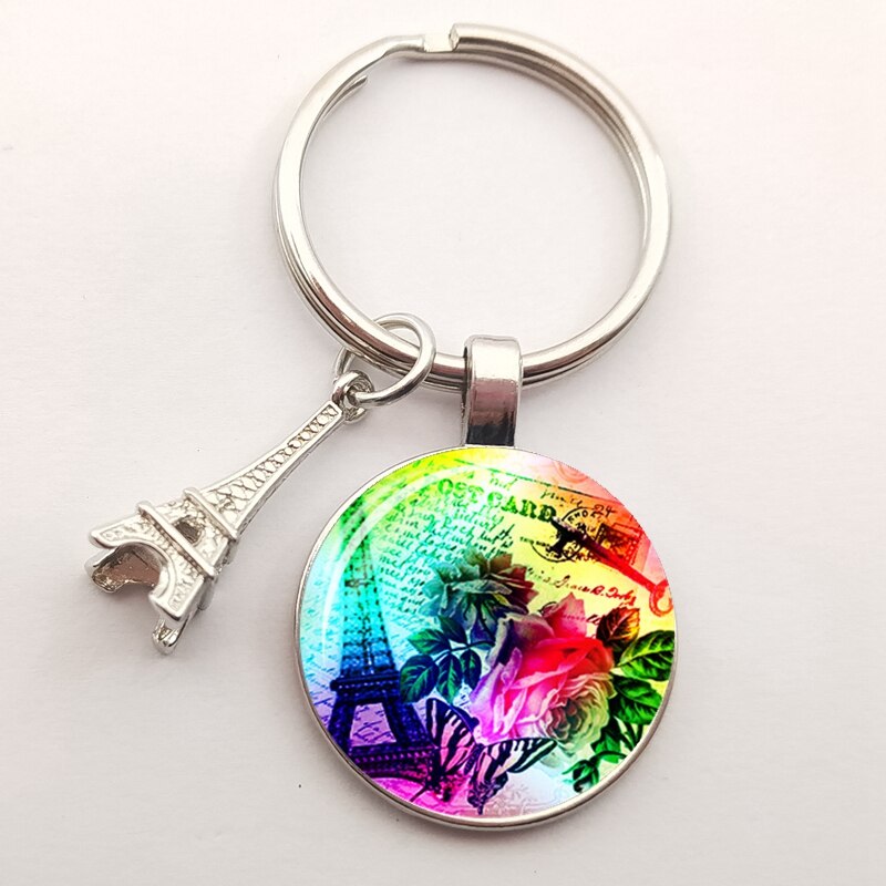 Romantic Paris Eiffel Tower Key Chains Art Lady Wander Drawing Glass Pendant Cute Keychain Keyring Women Bag Jewelry: Silver-41