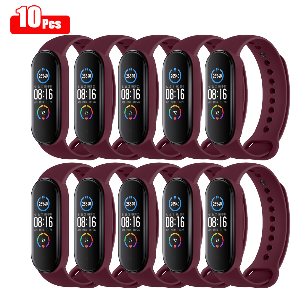 Bracelet de rechange en Silicone pour Xiaomi Mi Band 6 5 4 3, 10 pièces/paquet, accessoires: 10pcs Wine Red / For Mi Band 5 6