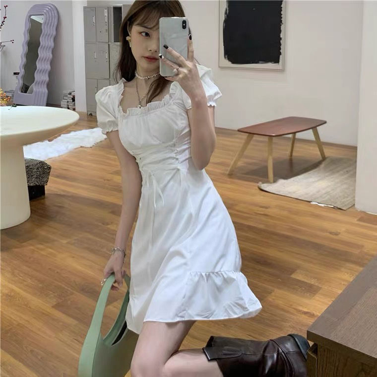 Trendy Streetwear Women Dress A-line Mini Sweet Summer Girls Cool Harajuku Puff Sleeve Empire Simple White Solid Mujer Vestido: L
