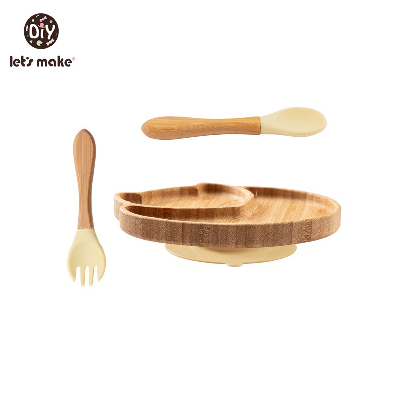 Let&#39;s Make Baby Dinner Plates Set Wooden Cartoon Dinner Plate Fork Spoon Children Feeding Plate Safe Edible Silicone Product: Set 4