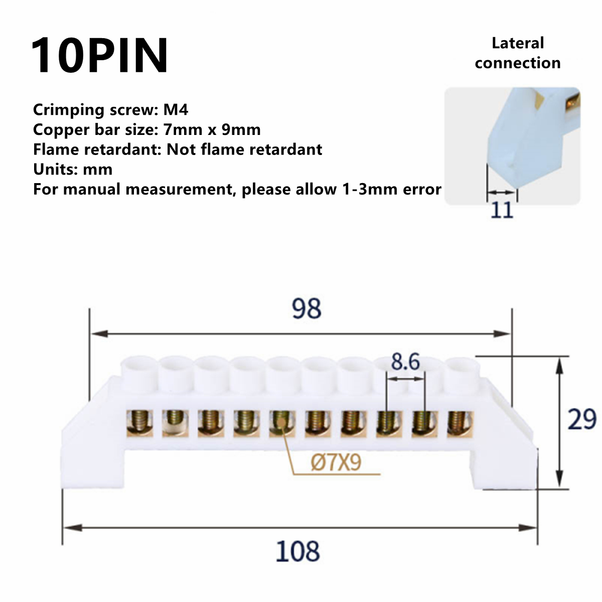 Blue White Green Zero Line 4Pin 6Pin 8Pin 10PiN 12PiN Brass Screw Grounding Bridge Terminal Block Connector Earth And Neutral: White 10 Pin