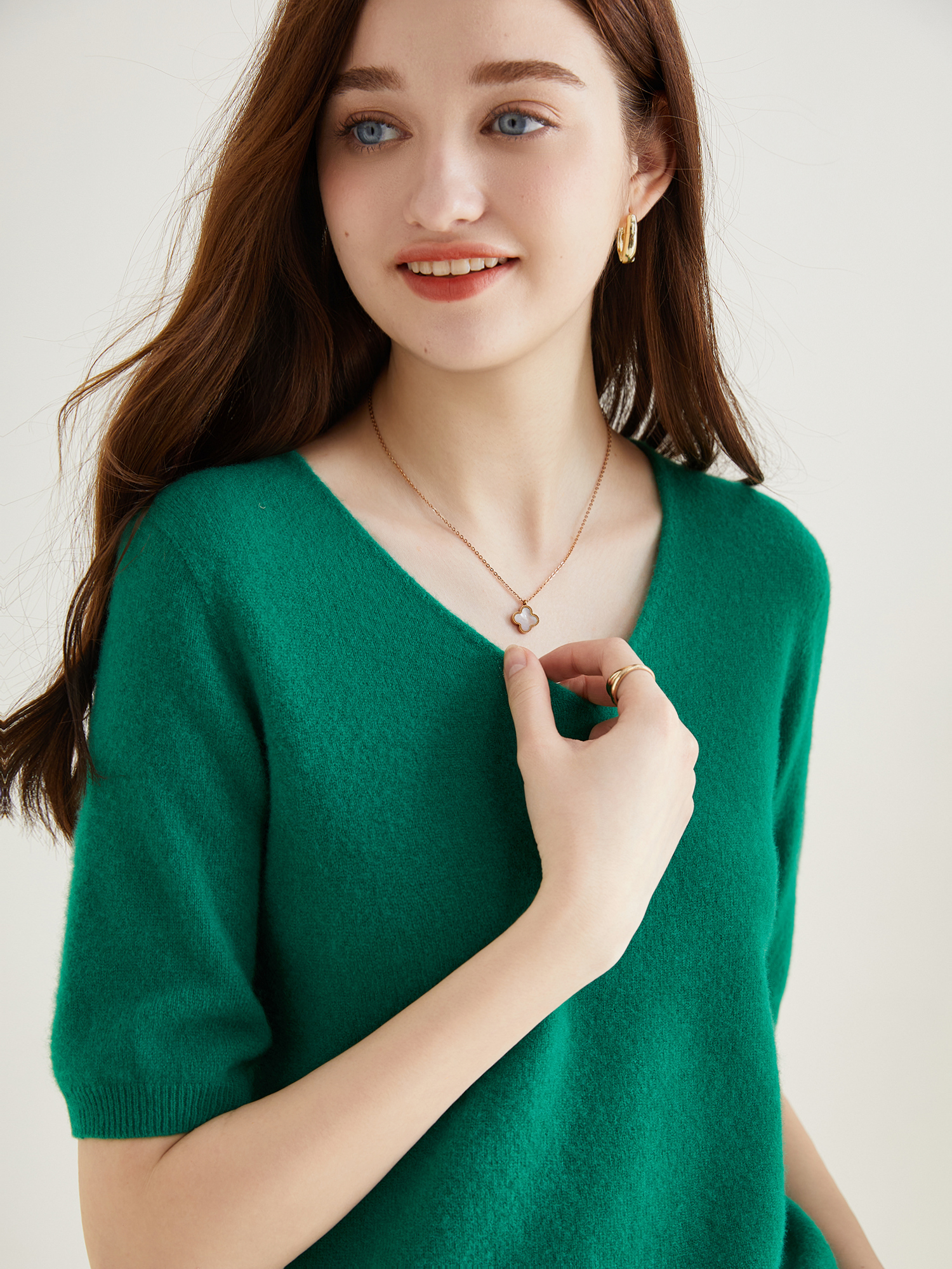 Women's Sweater 100% Merino Wool Sweater for Women Pullover Short Sleeve Tops Spring Summer V Neck Soft Knitted Female Clothing: L / green